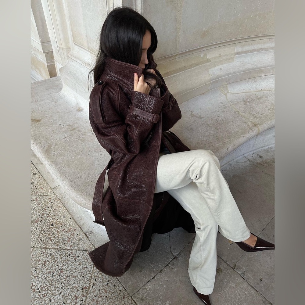 En Cuir Pebbled Leather Trench in Brown / Burgundy 100% Leather VERY OVERSIZED - Picture 2 of 14